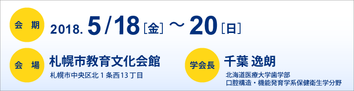 会期：2018年5月18日（金）～20日（日），会場：札幌市教育文化会館，学会長：千葉 逸朗（北海道医療大学歯学部口腔構造・機能発育学系保健衛生学分野）